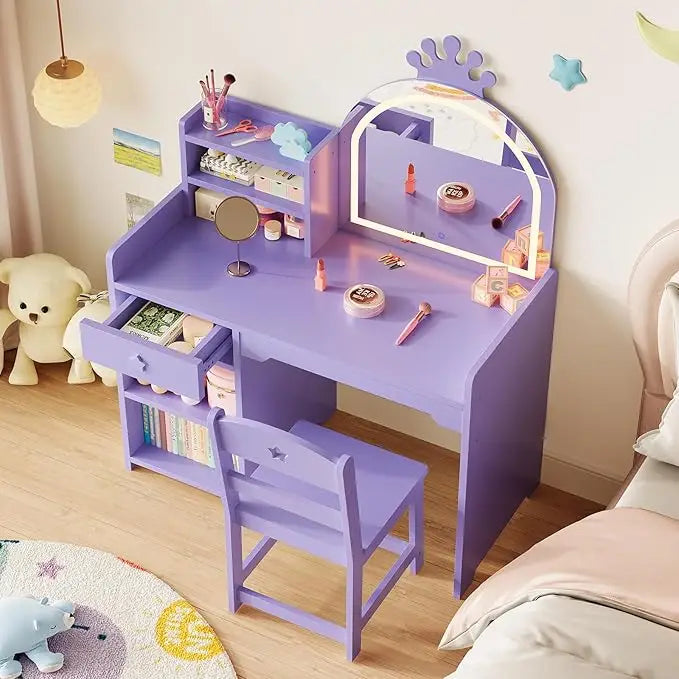 Kids Vanity with Lights, 2 in 1 Princess Makeup Vanity Desk & Chair Set, Toddler Vanity Table with Open Bookshelf for Girls