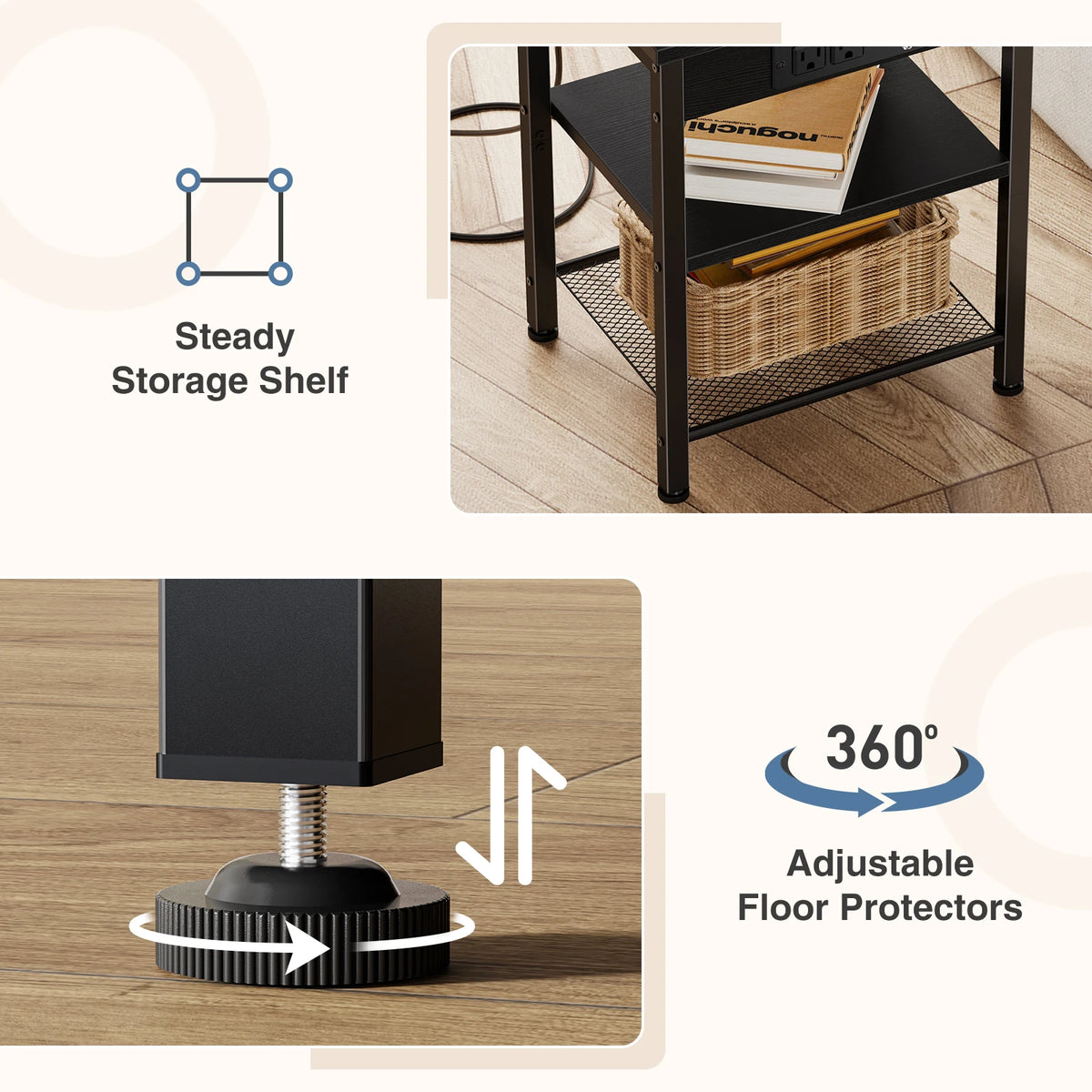 JHK Three Tier Side Table With Charging Station USB Ports