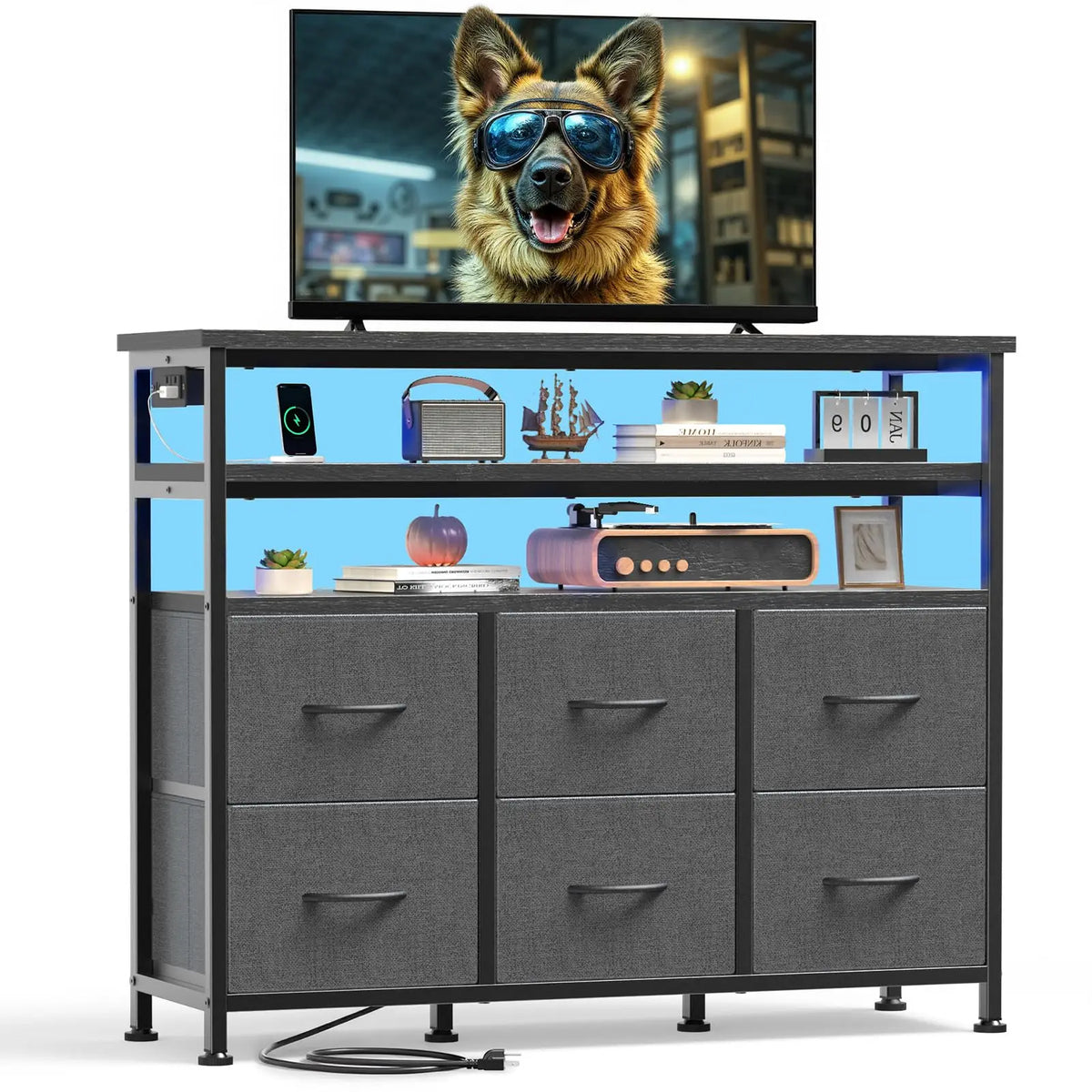 JHK Modern TV Stand Featuring Six Fabric Drawers For Storage