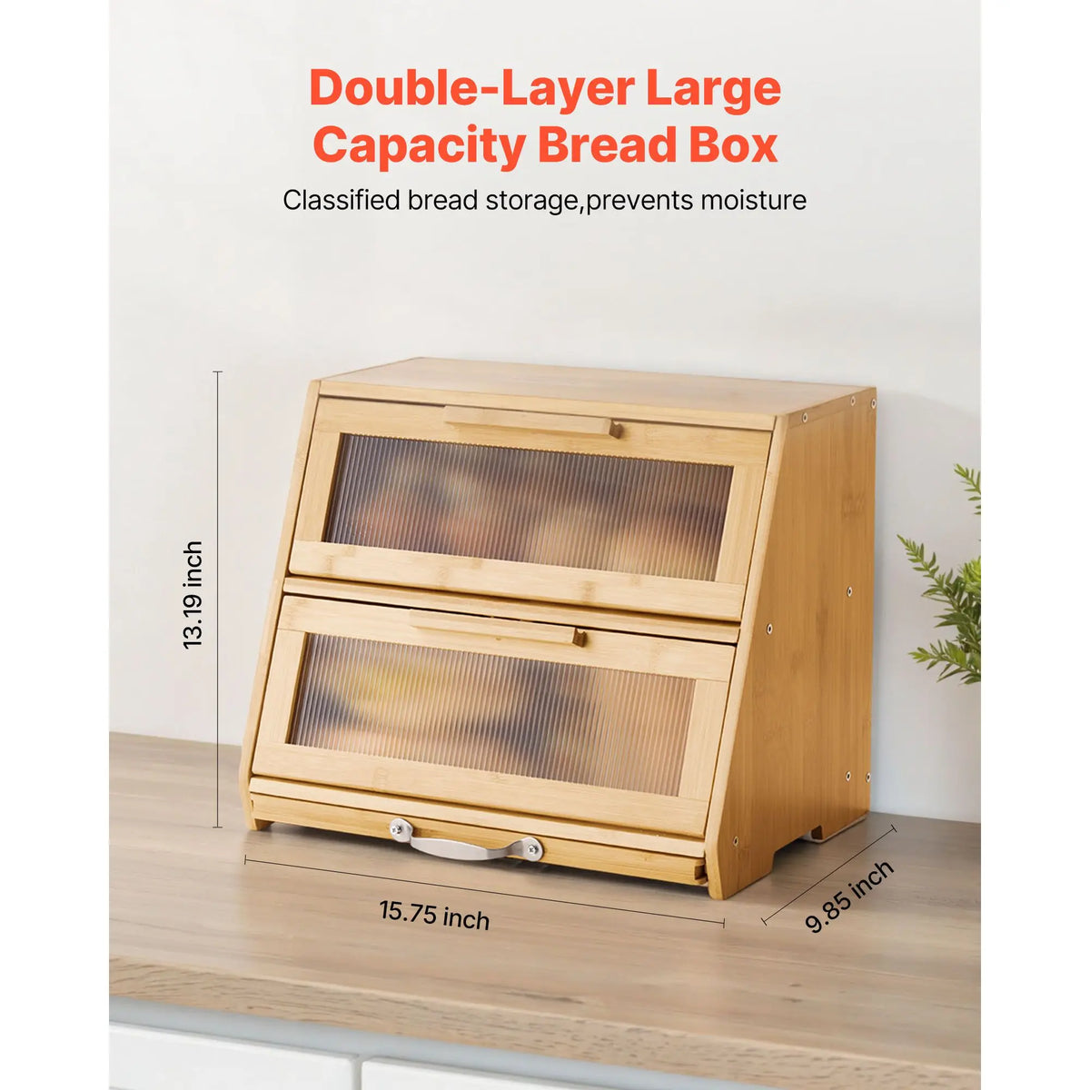 Bamboo Double Layer Bread Box With Acrylic Door Storage