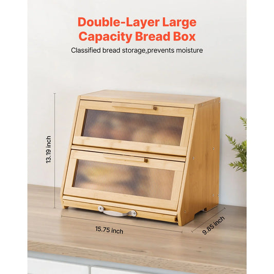Bamboo Double Layer Bread Box With Acrylic Door Storage