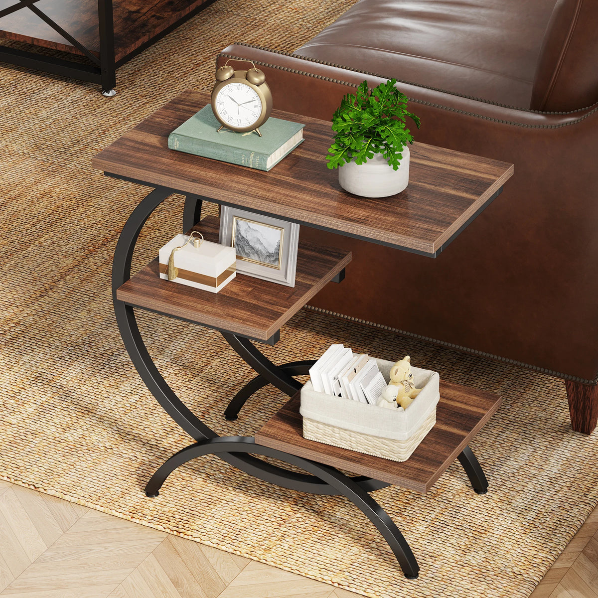 Tribesigns C-Shaped Industrial End Table With Three Storage Shelves