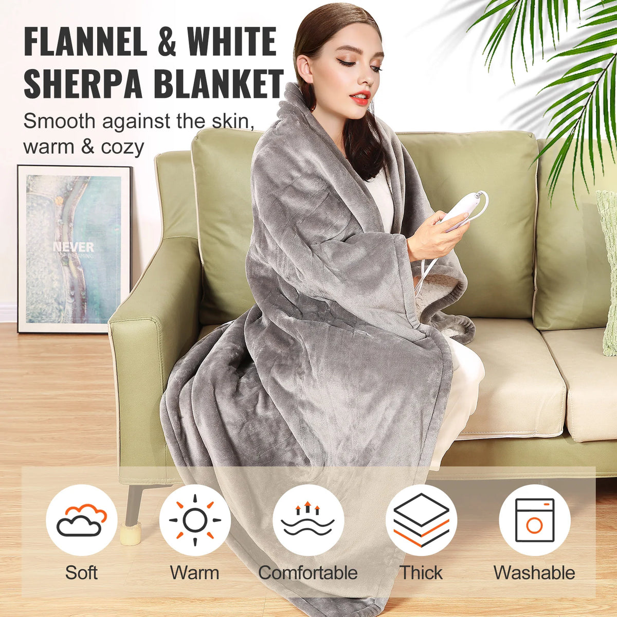 SucceBuy Electric Heated Blanket With Sherpa Flannel And Timer