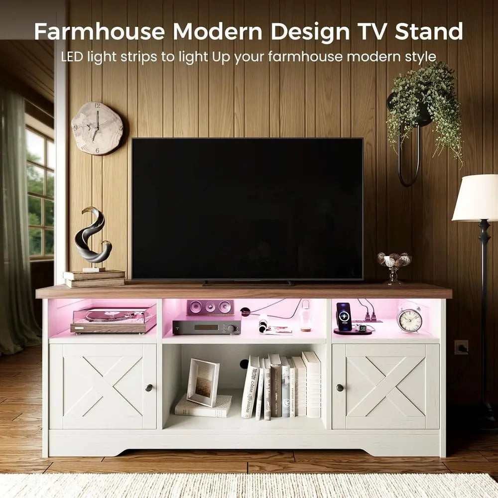 Modern LED TV Stand With Power Outlet And Storage Cabinet