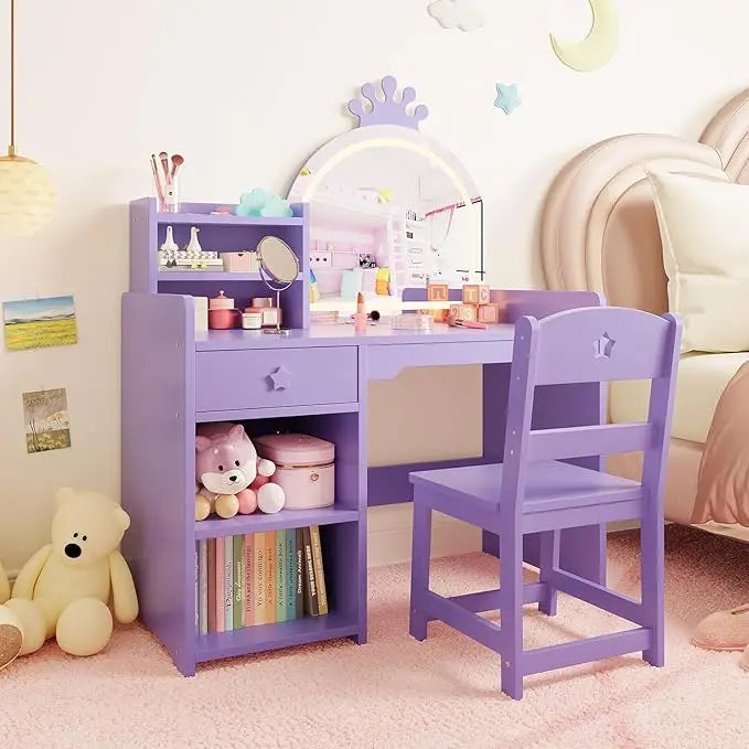 Kids Vanity with Lights, 2 in 1 Princess Makeup Vanity Desk & Chair Set, Toddler Vanity Table with Open Bookshelf for Girls