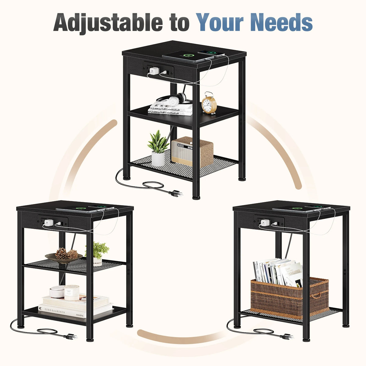 JHK Three Tier Side Table With Charging Station USB Ports