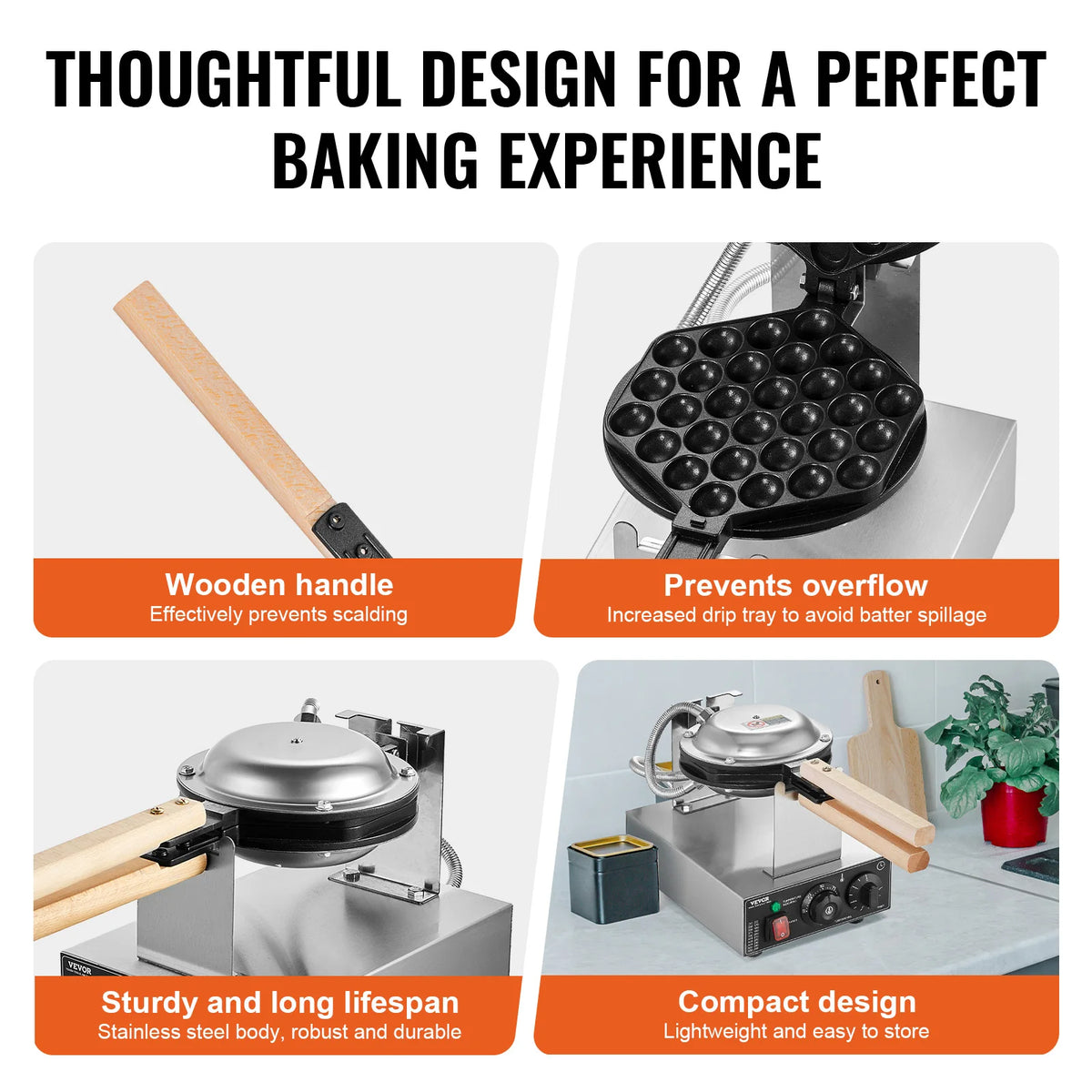 SucceBuy Commercial Bubble Waffle Maker With Nonstick Rotatable Plates