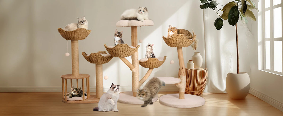 110cm Modern Cat Furniture Climbing Tree Solid Wood Activity Center with Scratching Post for Kitty