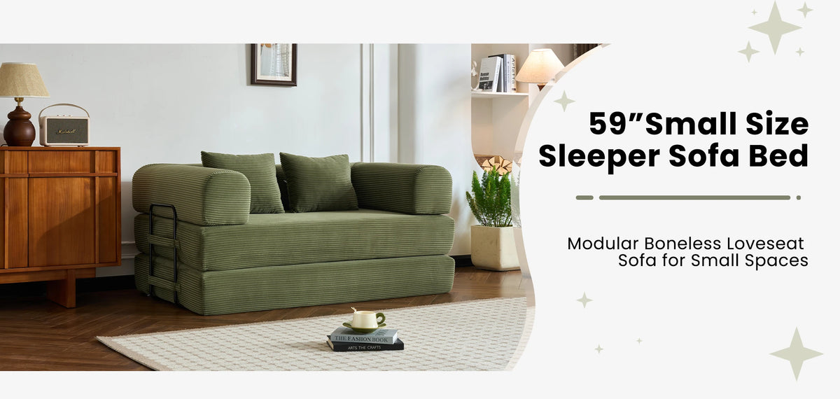 Modern Foldable Convertible Futon Sleeper Sofa With L Shaped Armrests