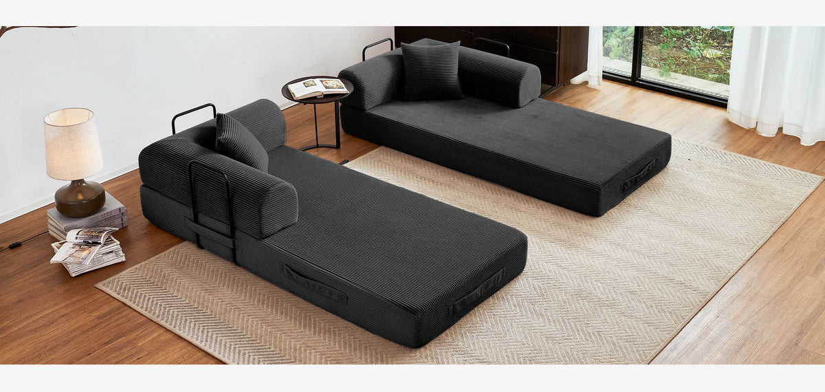 Modern Foldable Convertible Futon Sleeper Sofa With L Shaped Armrests
