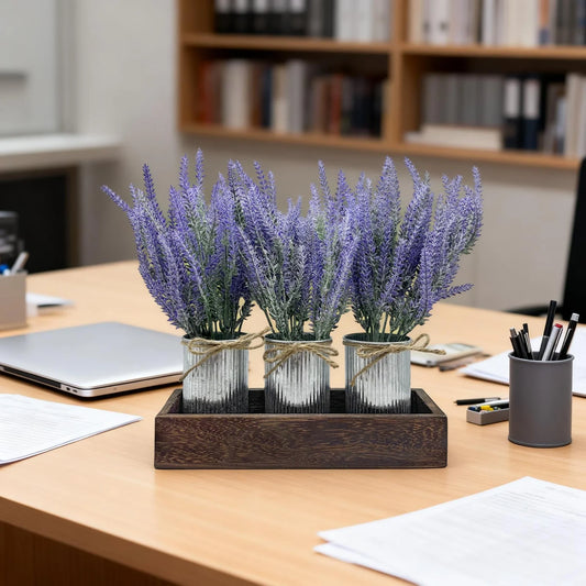 3-Piece Lavender Flowers Artificial with Decorative Wood Tray Set, Small Fake Lavender Plants in Galvanized Metal Pot, Faux Plant Dining Room Table Centerpiece for Kitchen, Coffee Table & Office