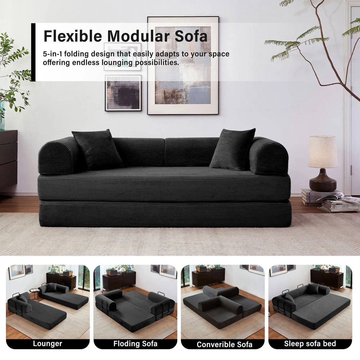 Modern Foldable Convertible Futon Sleeper Sofa With L Shaped Armrests