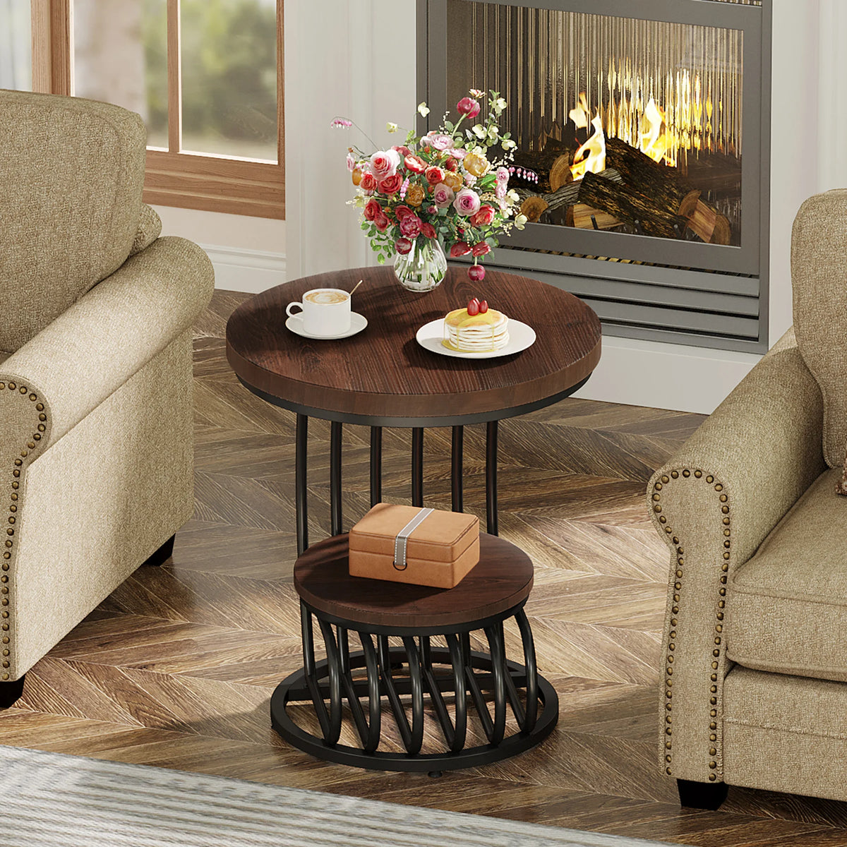 Tribesigns Modern Round End Table With Faux Marble Storage Shelf