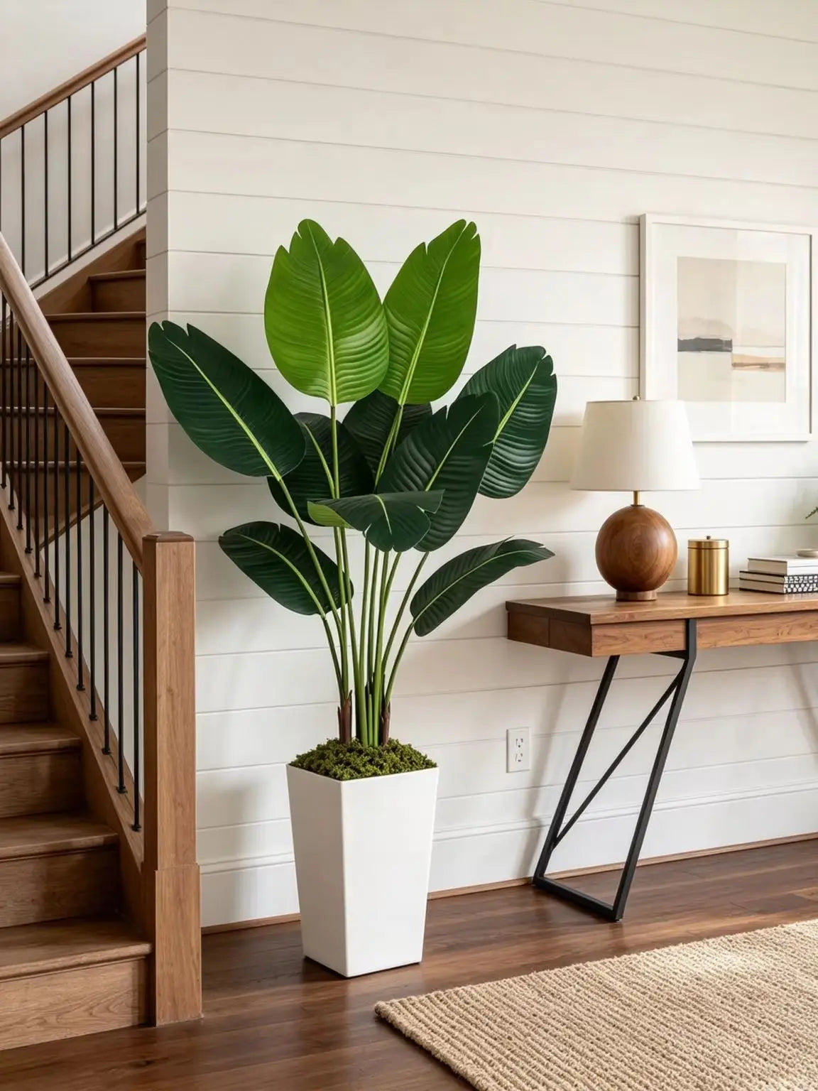 125cm Bird of Paradise Artificial Plant 5FT - Faux Tropical Palm Tree with White Tall Planter - Fake Floor Plant Potted - Artificial Silk Tree for Home Office Living Room Decor Indoor