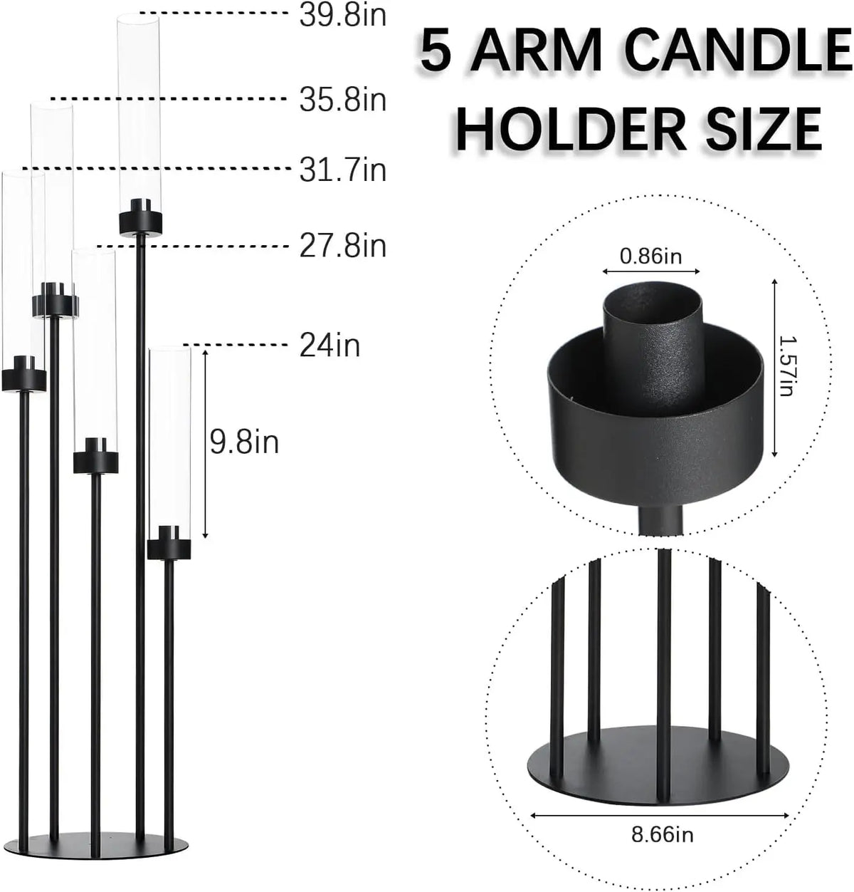 2PCS 39.8" Tall Matte Black Candelabra, 5 Arm Candle Holder with Acrylic Lampshade for Wedding Centerpiece Living Room Dining Room Fireplace Decor Gift
