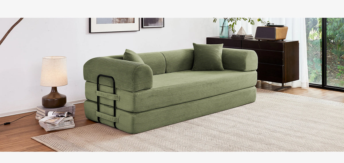 Modern Foldable Convertible Futon Sleeper Sofa With L Shaped Armrests