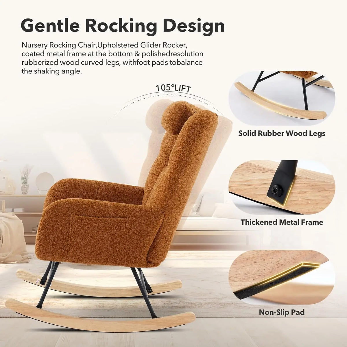 Modern Upholstered Nursery Rocking Chairs, with Side Pocket High Back Teddy Boucle Rocker Chair, Rocking Chair Backrest for Livi