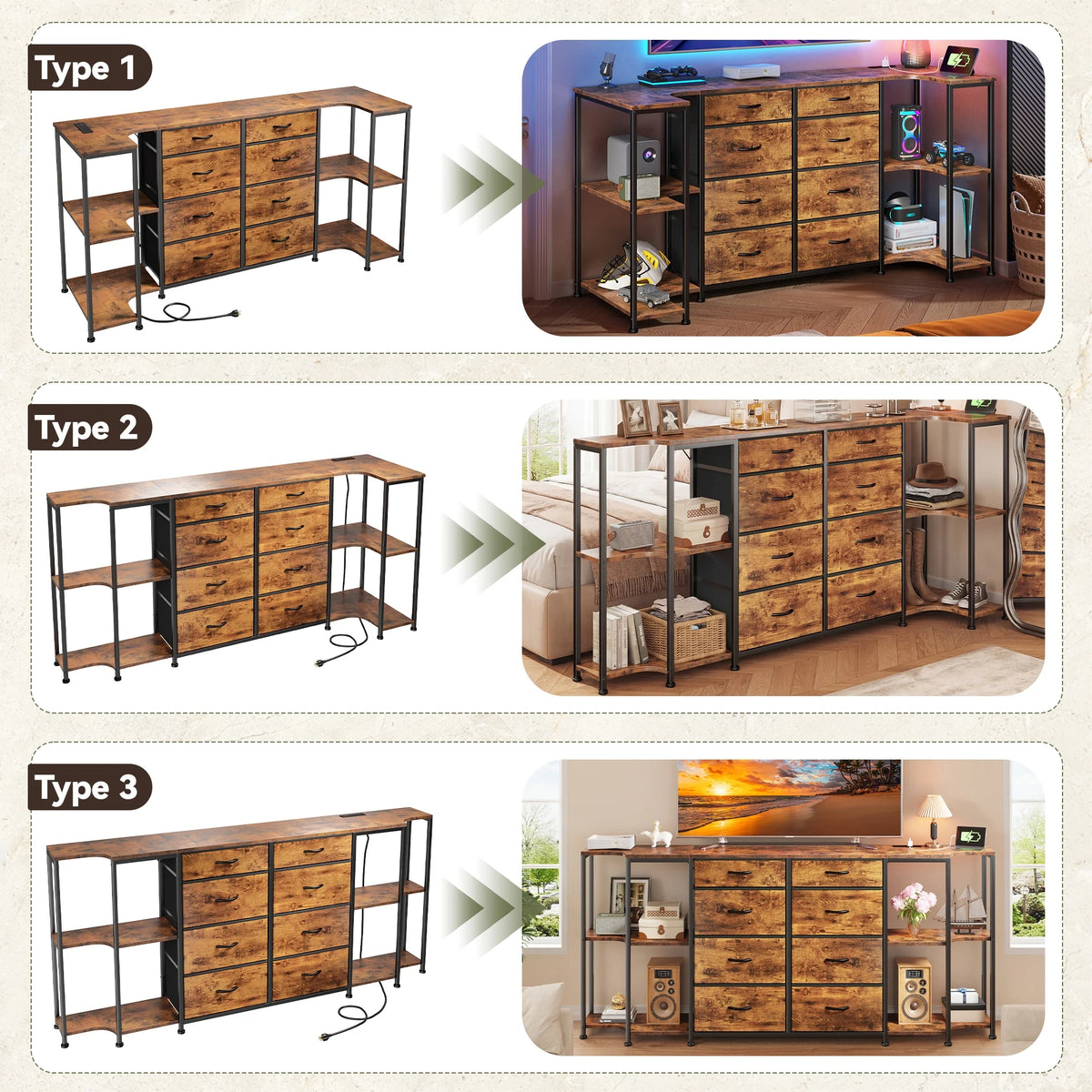 EnHomee Modern TV Stand Dresser With Dual Power Outlets