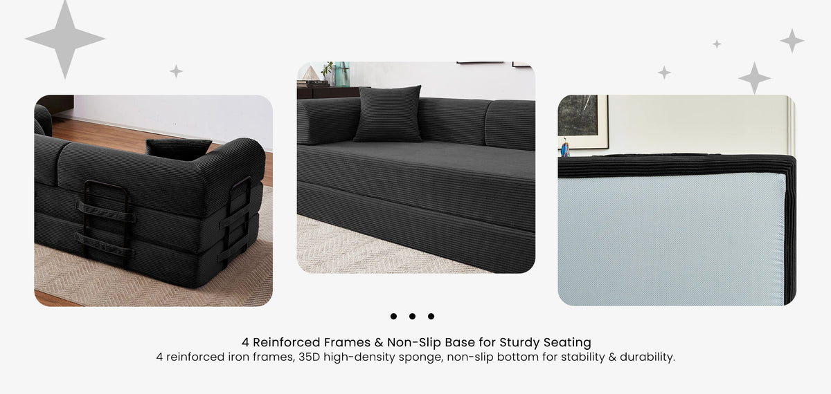 Modern Foldable Convertible Futon Sleeper Sofa With L Shaped Armrests