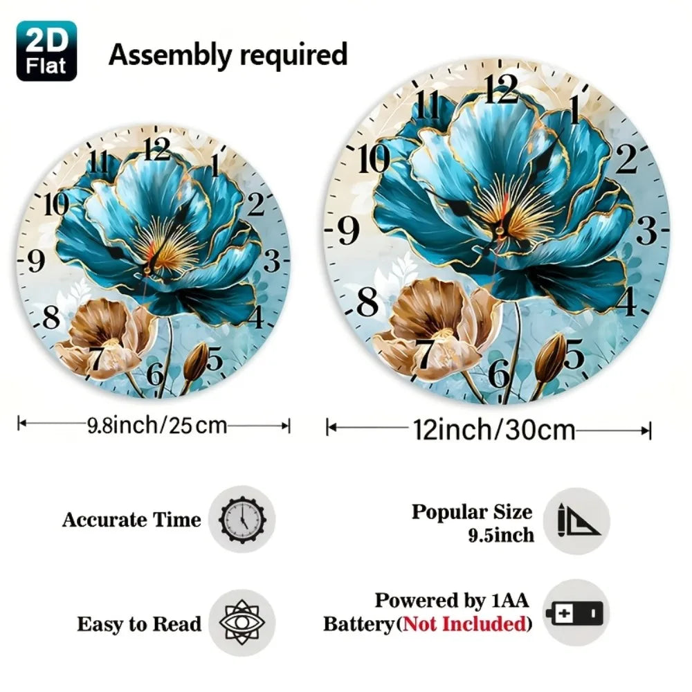 1pc Teal & Golden Botanical Wall Clock - Wood Round Nursery Clock Suitable for Nursery, Dining Room, Office Decor, Minimalist Sh