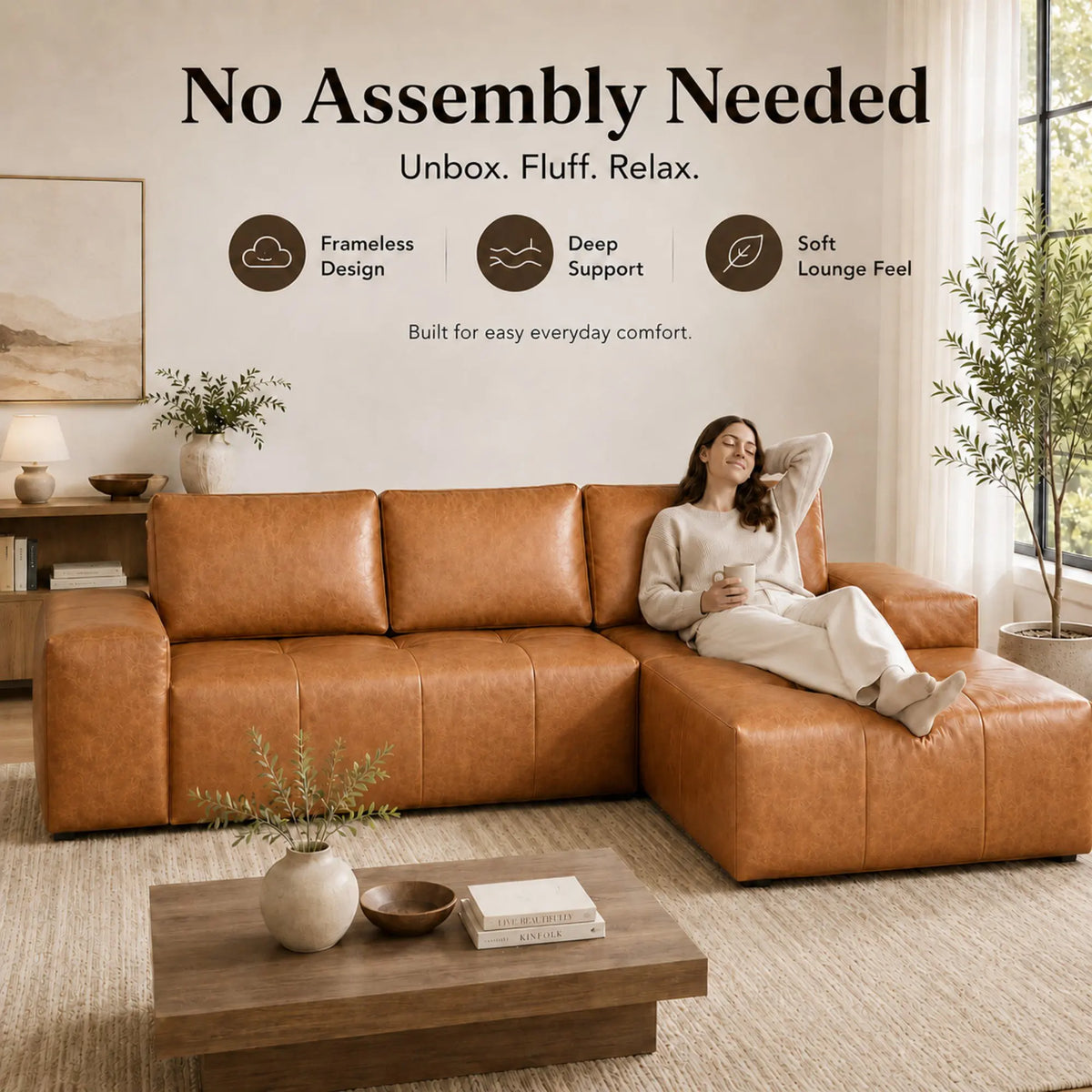 Cloud Sectional Sofa With Chaise And Faux Leather Couch