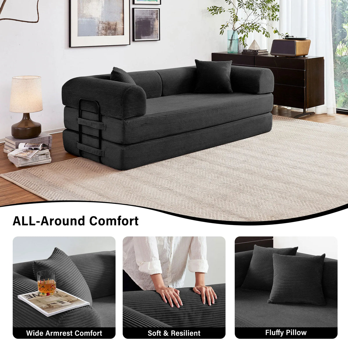 Modern Foldable Convertible Futon Sleeper Sofa With L Shaped Armrests