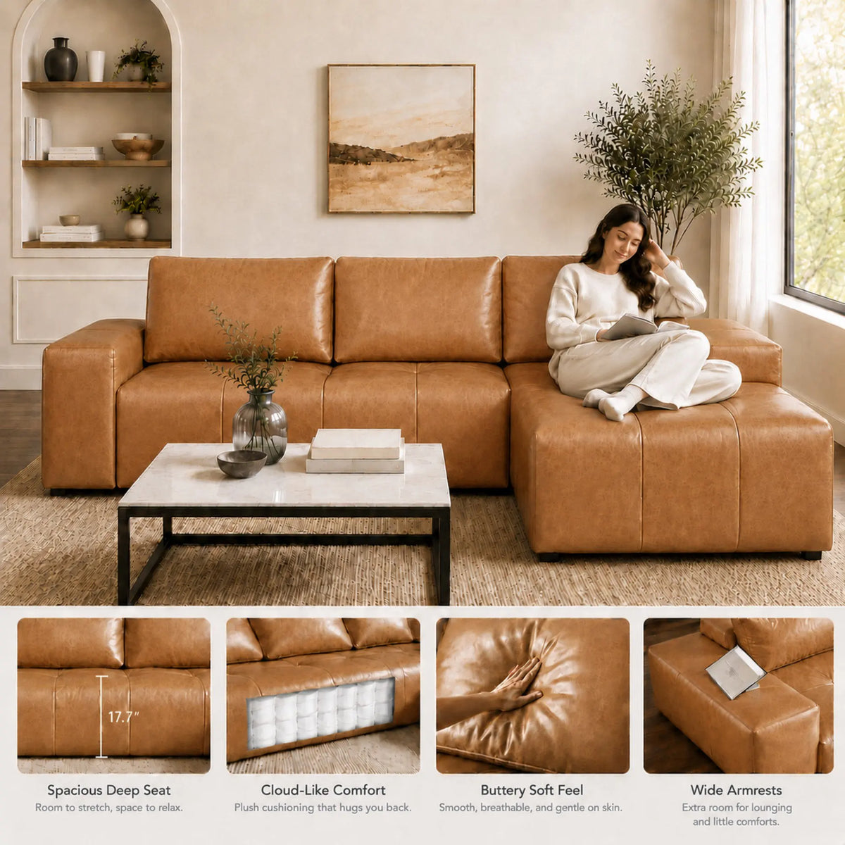 Cloud Sectional Sofa With Chaise And Faux Leather Couch