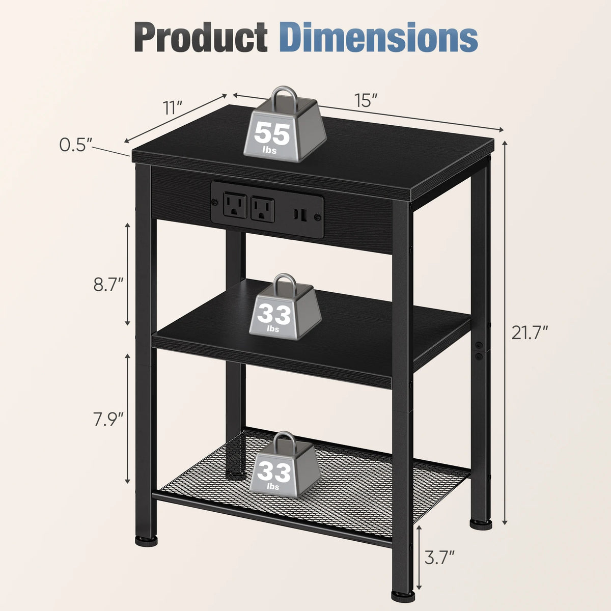 JHK Three Tier Side Table With Charging Station USB Ports