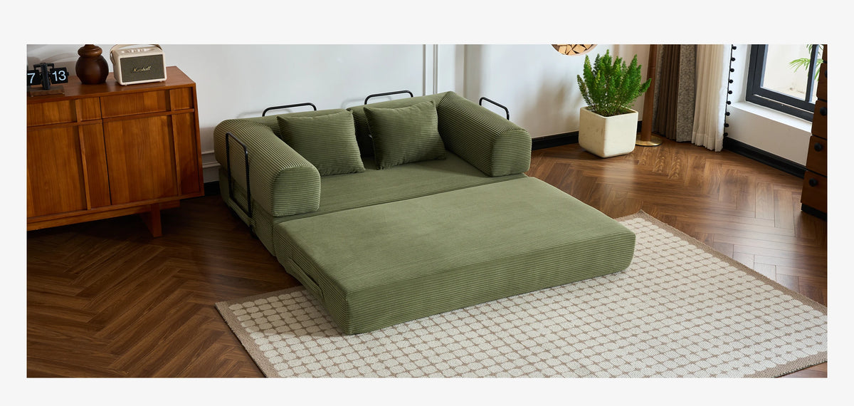 Modern Foldable Convertible Futon Sleeper Sofa With L Shaped Armrests