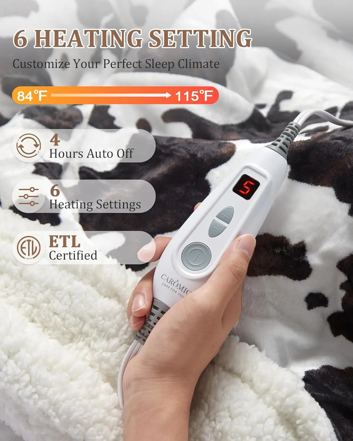 HiMISS Cow Print Heated Electric Blanket With LCD Controller