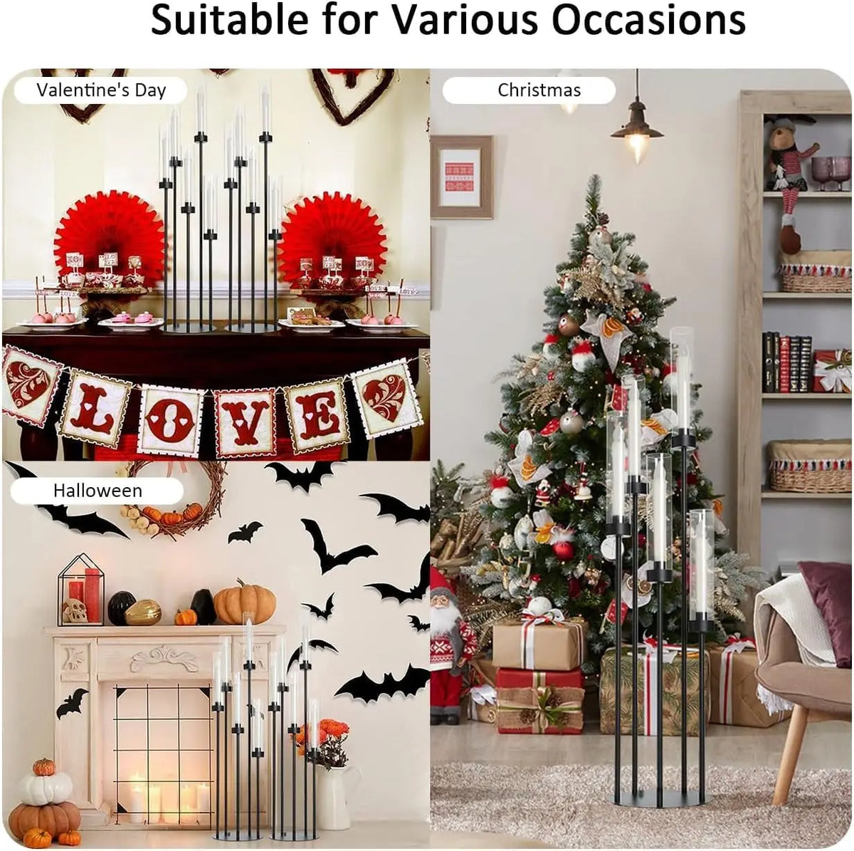 2PCS 39.8" Tall Matte Black Candelabra, 5 Arm Candle Holder with Acrylic Lampshade for Wedding Centerpiece Living Room Dining Room Fireplace Decor Gift