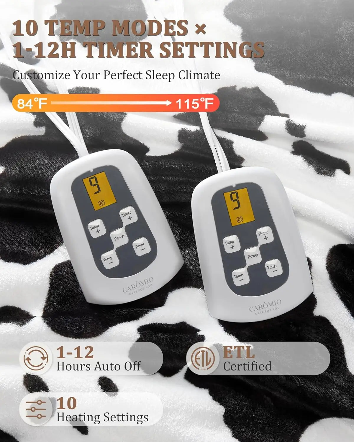 HiMISS Cow Print Heated Electric Blanket With LCD Controller