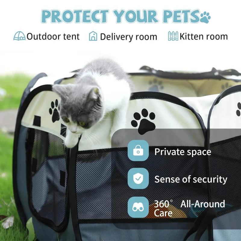 Portable Foldable Pet Tent Octagonal Waterproof Cat Dog Rabbit Fence With Removable Awning