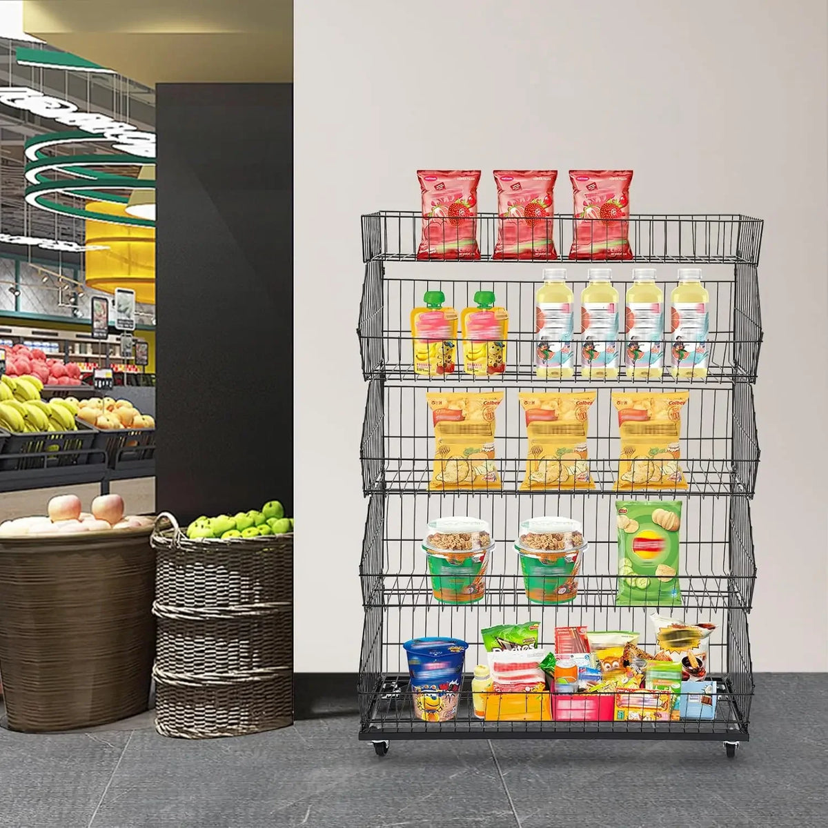 Five Tier Metal Wire Storage Rack For Grocery Food Organization