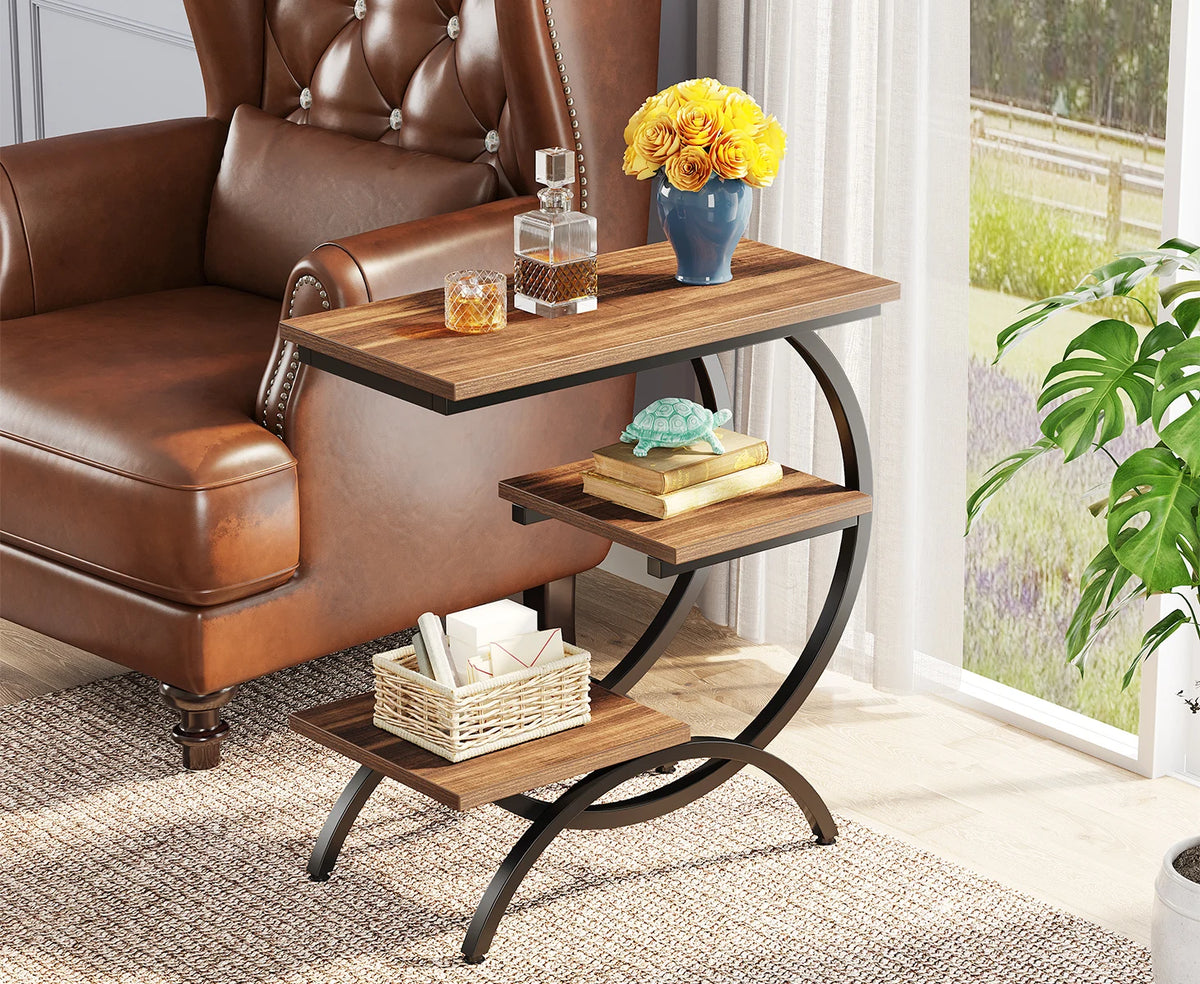 Tribesigns C-Shaped Industrial End Table With Three Storage Shelves