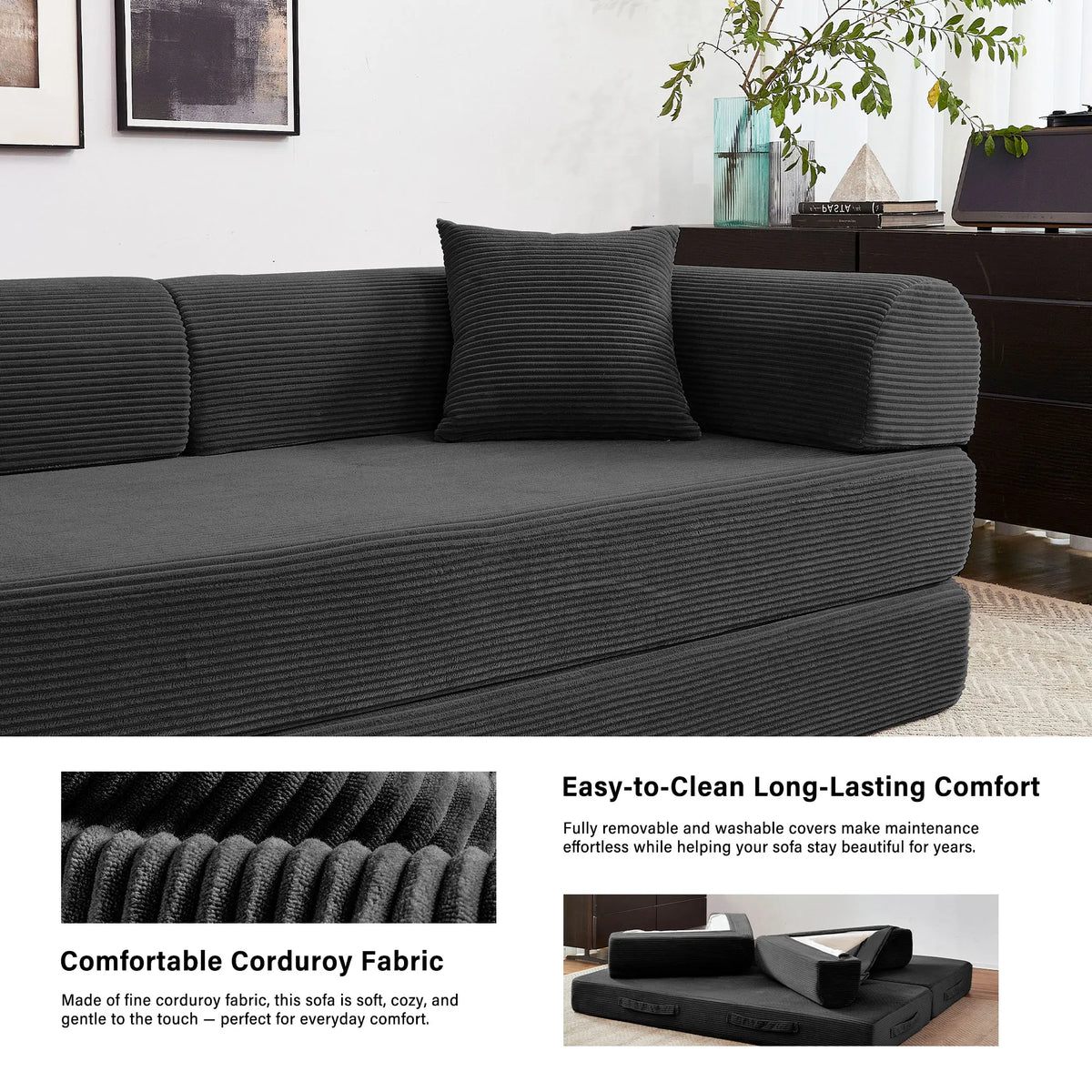 Modern Foldable Convertible Futon Sleeper Sofa With L Shaped Armrests