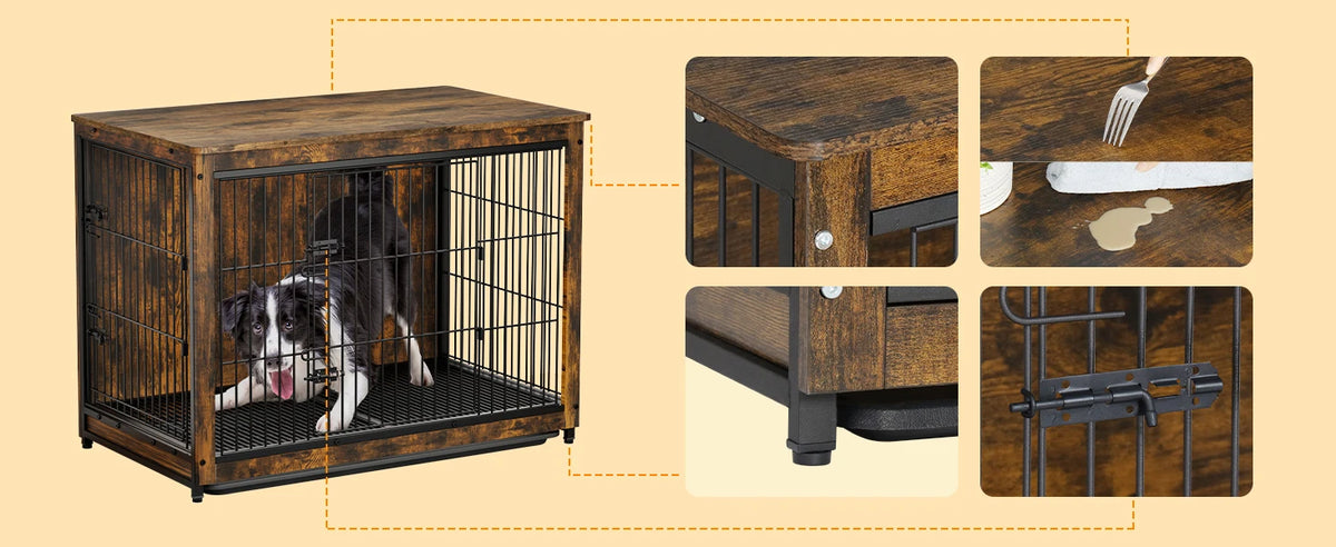 Large Elevated Dog Crate Wooden Dog Kennel Cage Pet House End Table with Double Door and Removable Tray Rustic Furniture Indoor