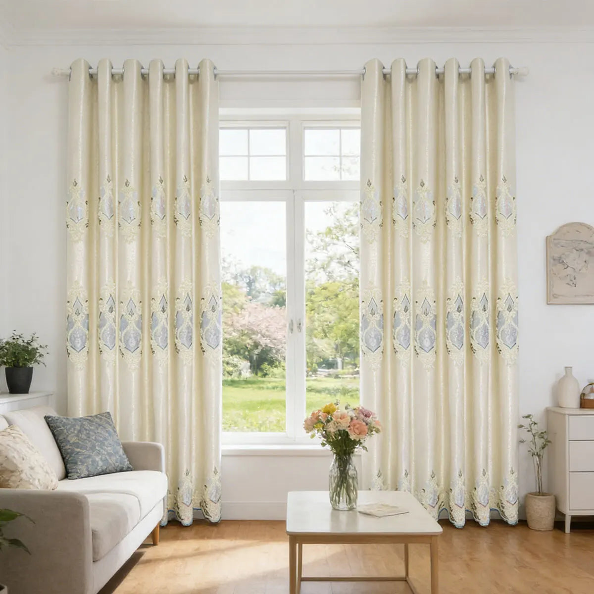 2 Panels European Embroidered Blackout Curtains, High Density Noise Reducing Window Drapes, Luxury Embroidery Window Curtains for Living Room Bedroom Balcony