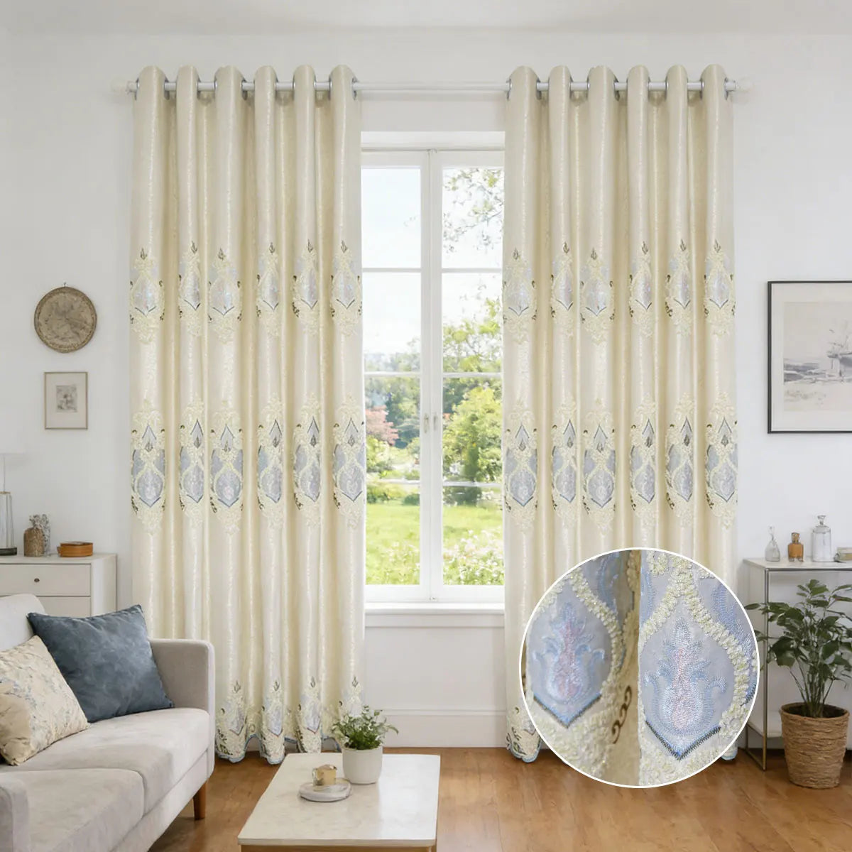 2 Panels European Embroidered Blackout Curtains, High Density Noise Reducing Window Drapes, Luxury Embroidery Window Curtains for Living Room Bedroom Balcony