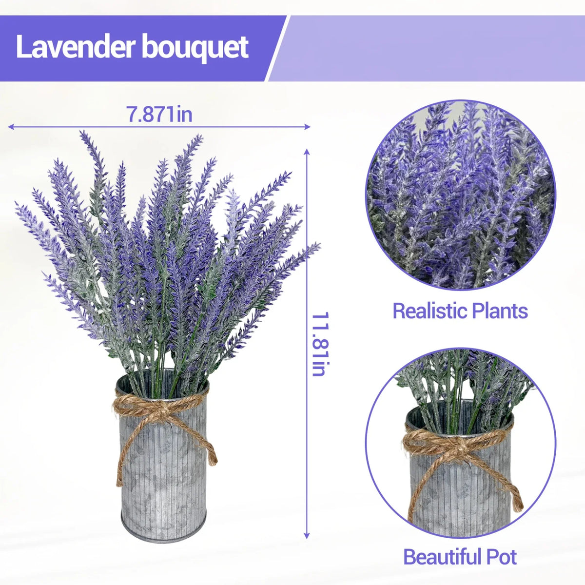 3-Piece Lavender Flowers Artificial with Decorative Wood Tray Set, Small Fake Lavender Plants in Galvanized Metal Pot, Faux Plant Dining Room Table Centerpiece for Kitchen, Coffee Table & Office