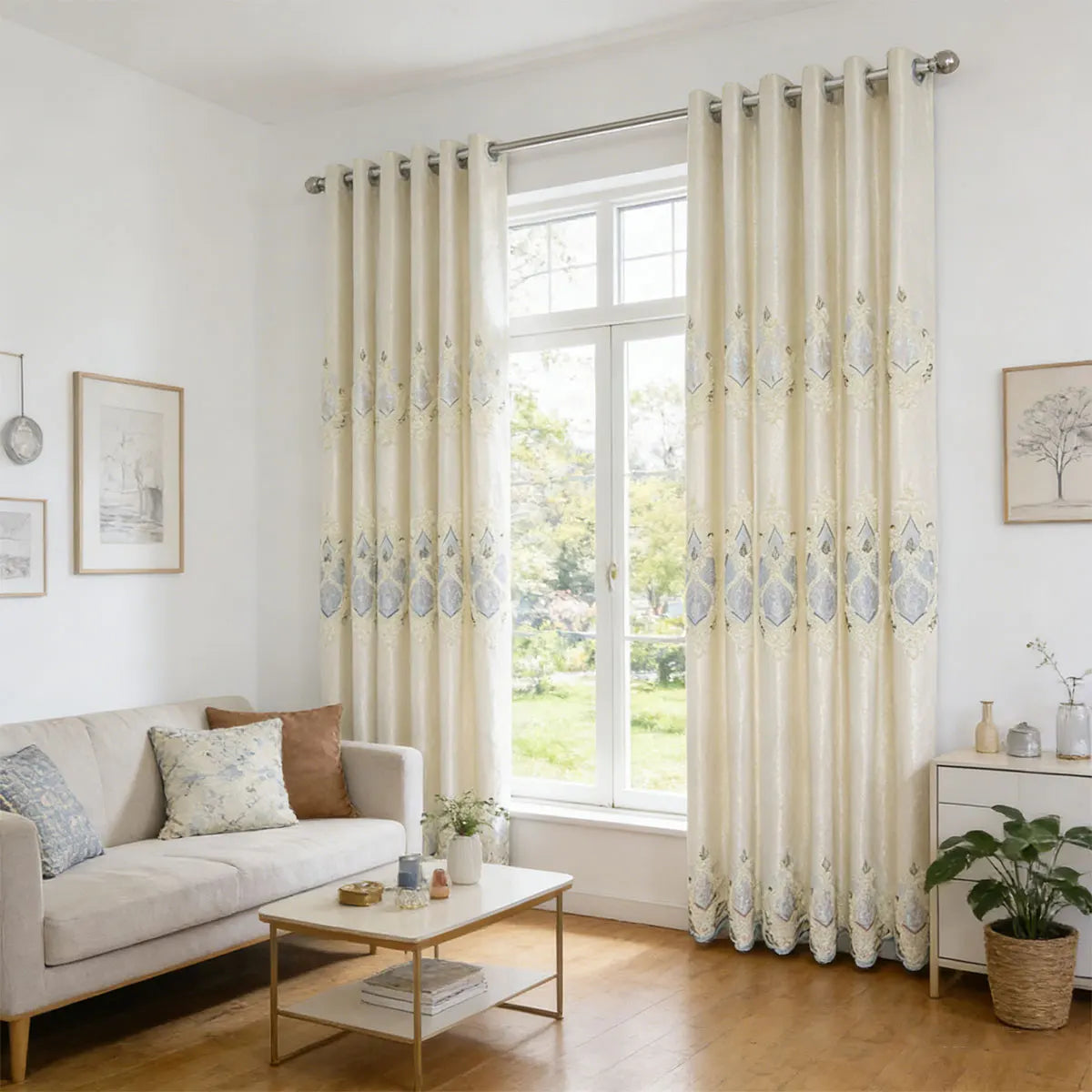 2 Panels European Embroidered Blackout Curtains, High Density Noise Reducing Window Drapes, Luxury Embroidery Window Curtains for Living Room Bedroom Balcony