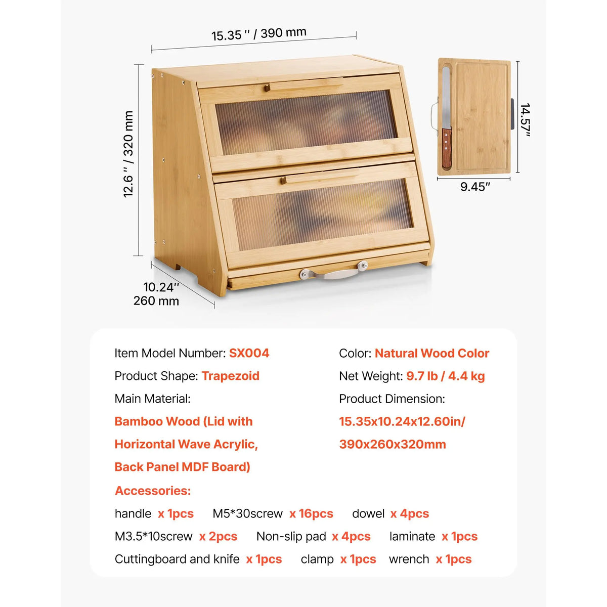 Bamboo Double Layer Bread Box With Acrylic Door Storage