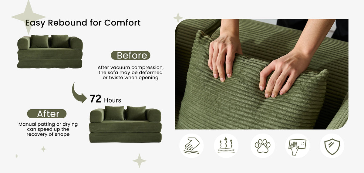 Modern Foldable Convertible Futon Sleeper Sofa With L Shaped Armrests