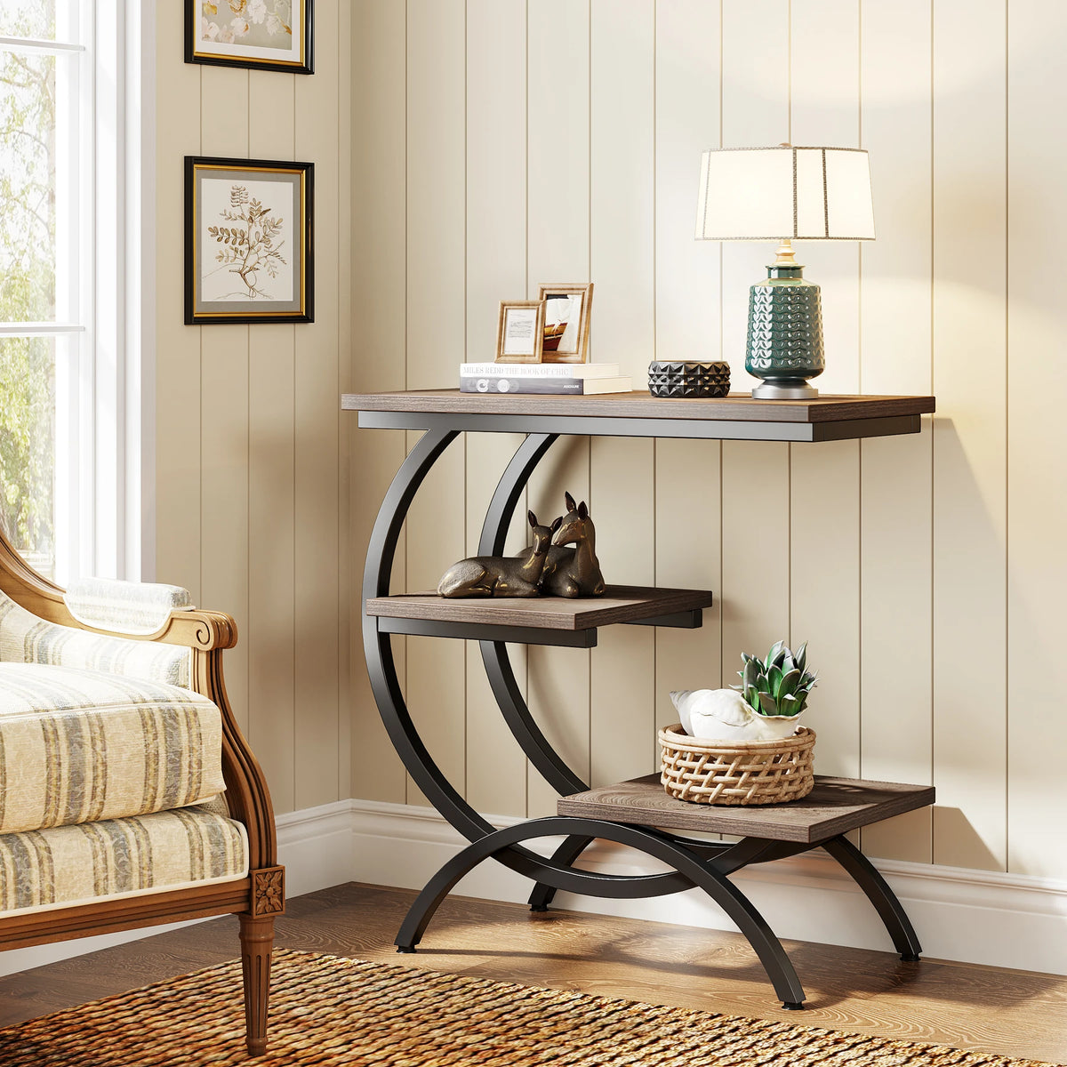 Tribesigns C-Shaped Industrial End Table With Three Storage Shelves