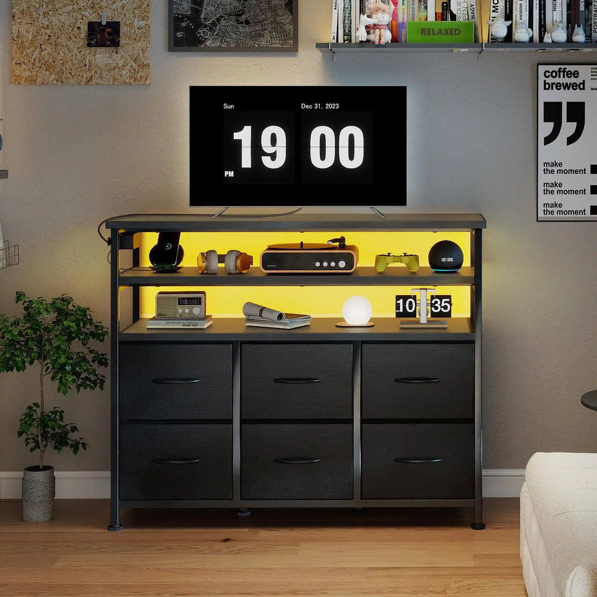 JHK Modern TV Stand Featuring Six Fabric Drawers For Storage