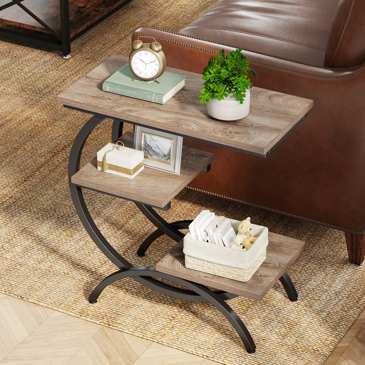 Tribesigns C-Shaped Industrial End Table With Three Storage Shelves