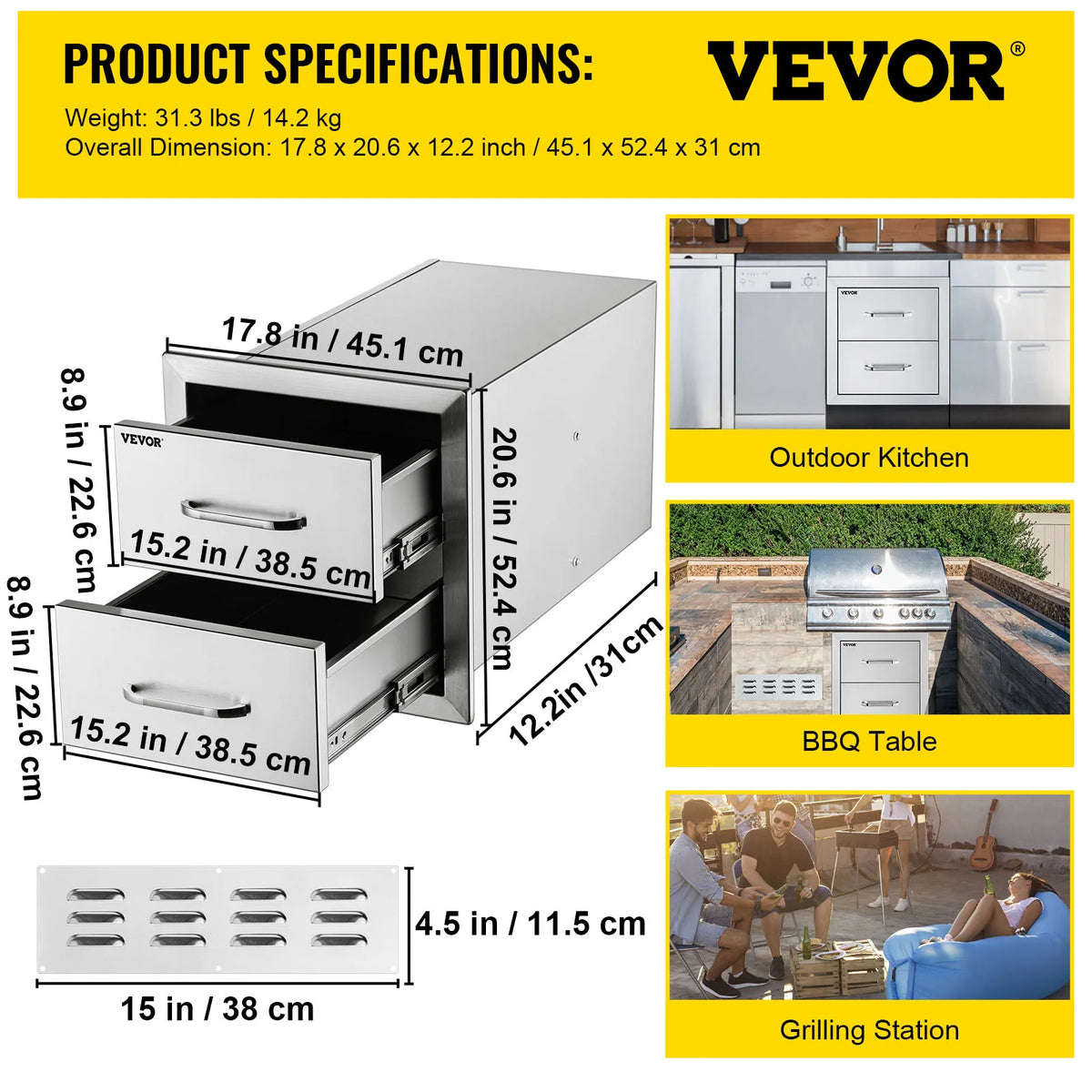 SucceBuy Stainless Steel Outdoor Kitchen Double Drawer Storage