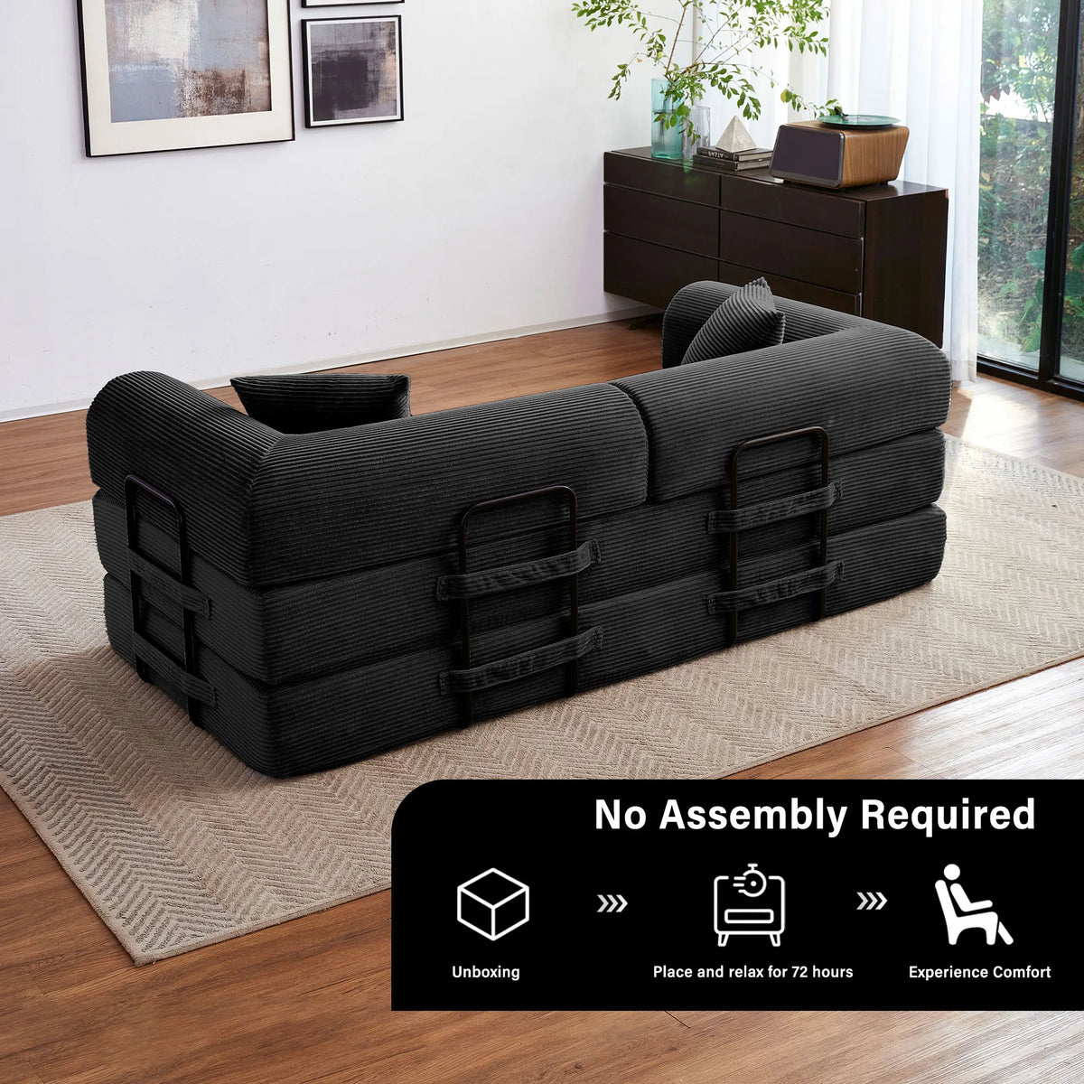 Modern Foldable Convertible Futon Sleeper Sofa With L Shaped Armrests