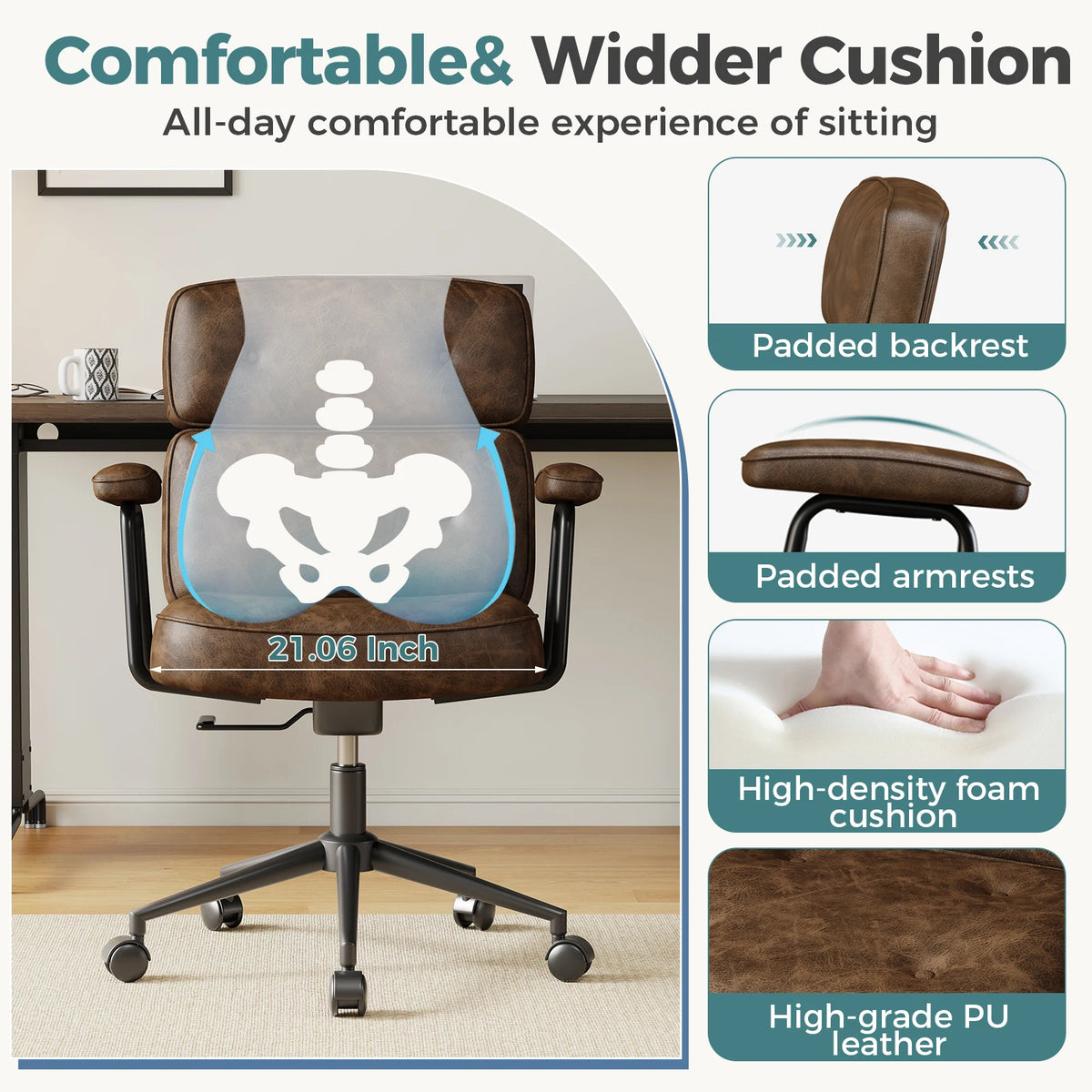 JHK PU Leather Ergonomic Office Computer Desk Chair with Lumbar Support Rolling Swivel Adjustable Height Executive Task Armrests