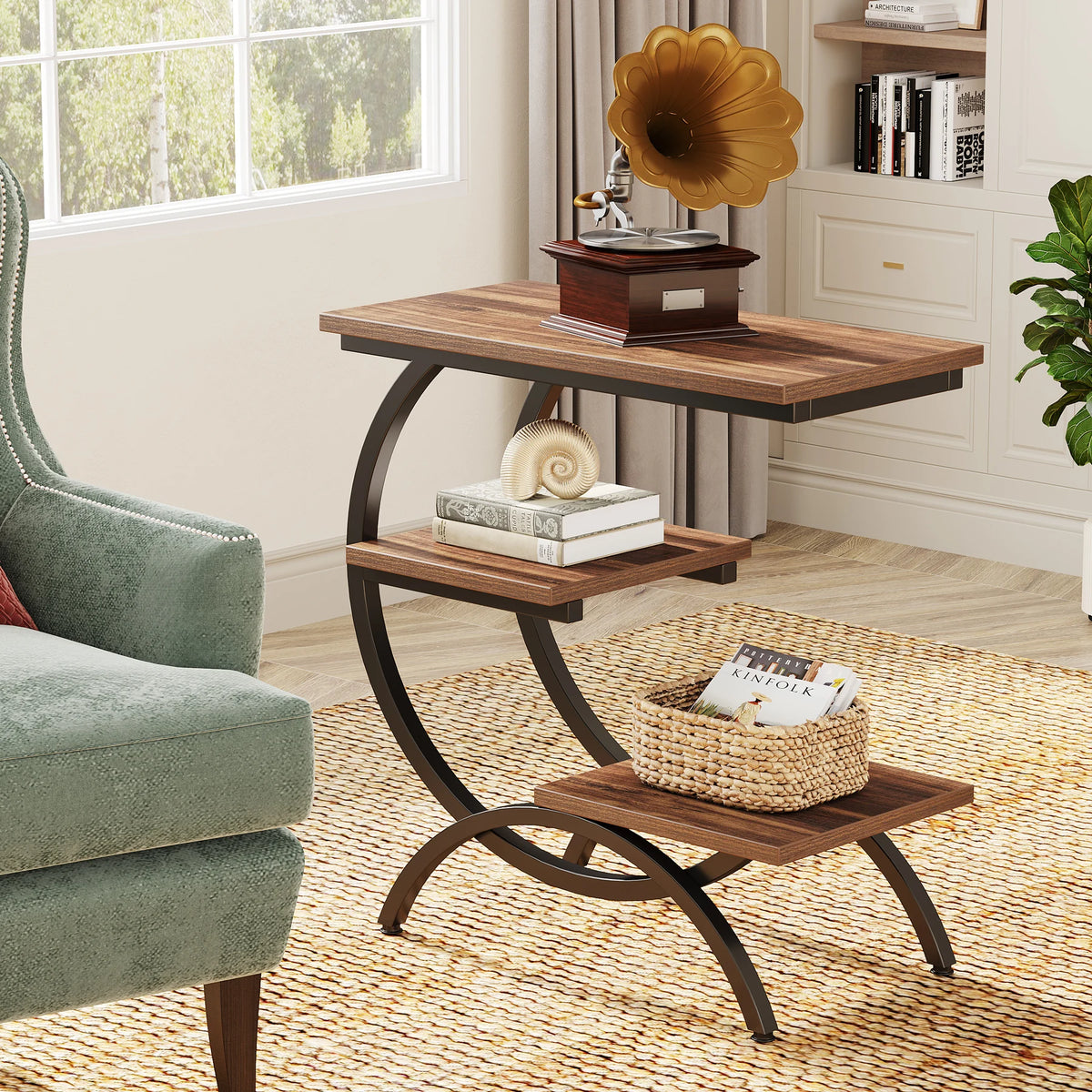 Tribesigns C-Shaped Industrial End Table With Three Storage Shelves
